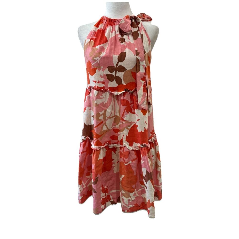 Vince Camuto Linen Swing Sundress Halter Womens Sz 0 Orange Floral Tiered Resort